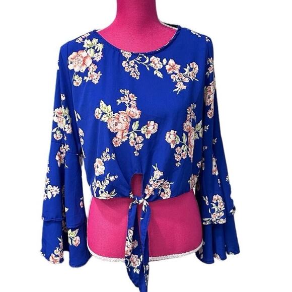 Altar'd State Mackenzie Blue Floral Tied Crop Top w Layered Bell Sleeves - EUC - Picture 1 of 7
